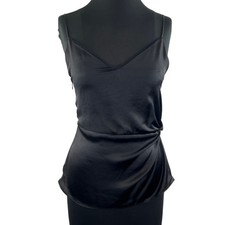 NEW Zara Black Sleeveless Silky V-Neck Side Gather Spaghetti Strap Tank Top Sz S