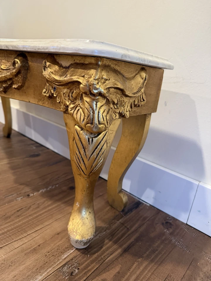 VNT Louis XV/Baroque Style Low Ornate Carved Gold Console Table With Marble Top - Image 3 of 4