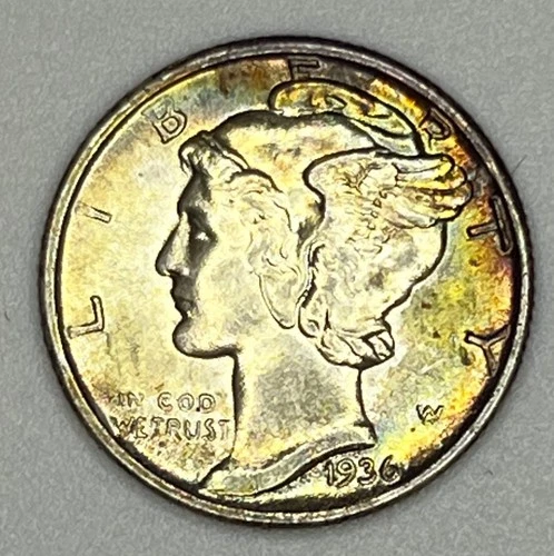 1936 Mercury Dime 90% Silver Philadelphia UNC Uncirculated Toned Toning