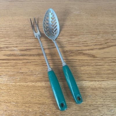Vintage EKCO A&J Slotted Spoon and Meat Fork Set Green Wood Handle Made in USA