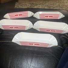 Classic Plastic Hot Dog Trays Holders White Red Pleated Ends Set of 5 Reusable