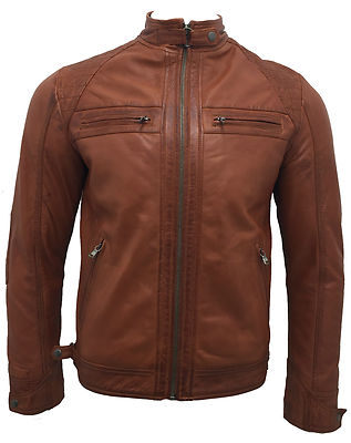 Herren Retro rosthellbraun 100 % Leder Racing gesteppte Bikerjacke