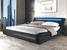 Queen Upholstered Modern Bed with LED Headboard / Mattress Foundation, Black