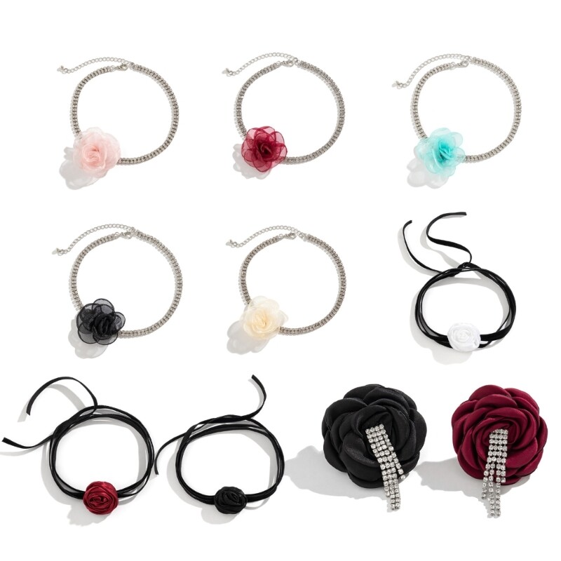 Vintage Goth Lace Choker Collarbone Chain Earrings with Floral Charm