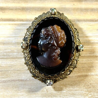 VTG W Germany Cameo Brooch Root Beer Brown Filigree AB Rhinestone 2 