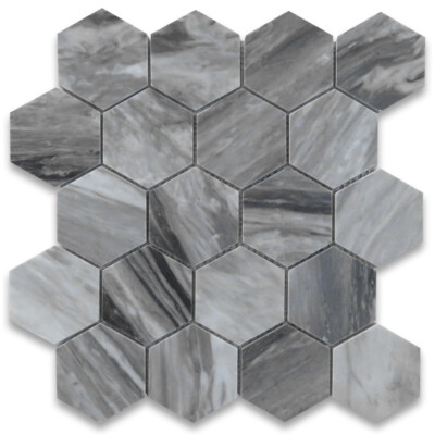 K33XP Bardiglio Gray Dark Grey Marble 3 inch Hexagon Mosaic Tile Polished