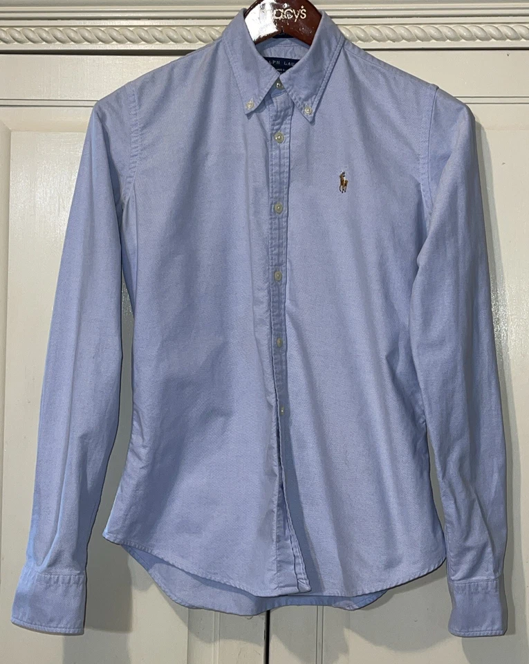 Ralph Lauren Shirt Girls 4 Light Blue Slim Fit Button Down Preppy Flesh Pony - Image 2 of 4