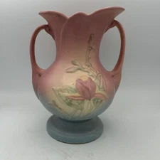 Vintage Hull Pottery Magnolia Double Handled Vase USA Blue Pink Green 9 “