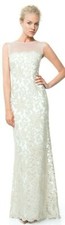 Tadashi Shoji Feather Sheer Illusion Neckline Lace Sleeveless Dress Gown