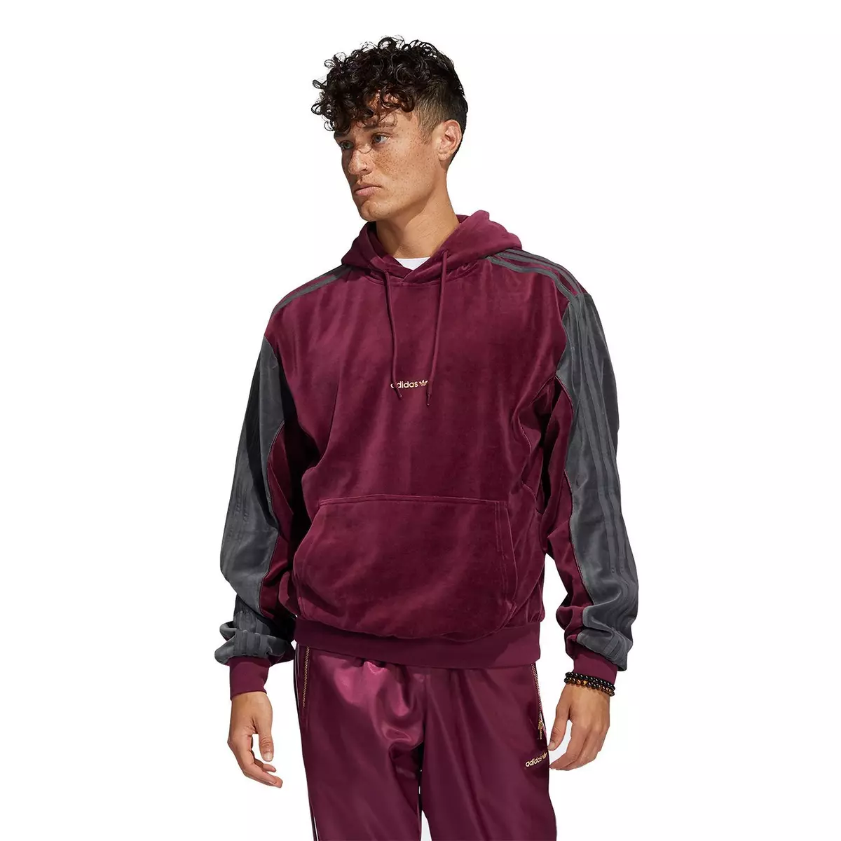 adidas ORIGINALS VELOUR HOODIE BURGUNDY BLACK 3-STRIPE RETRO NEW BNWT | eBay