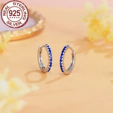925 Sterling Silver Cubic Zirconia Bridal Micro Pave Blue Small Hoop Earrings