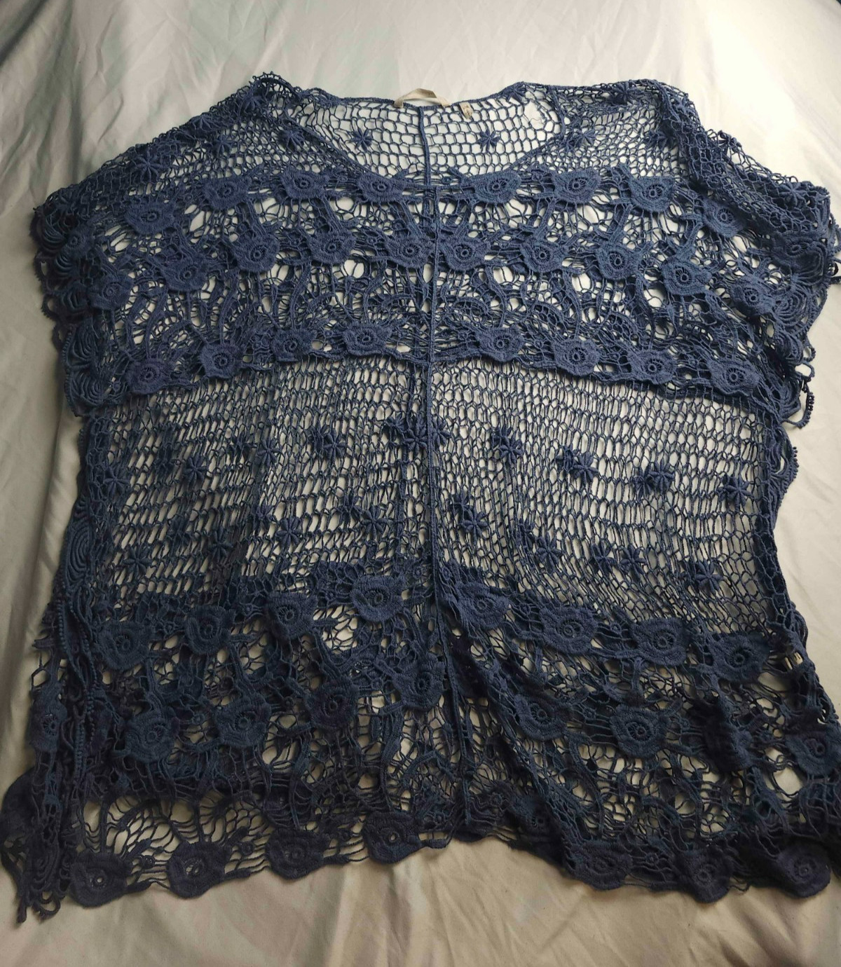 Soft Surroundings Poncho Top Womens L/XL Blue Crochet Boho Coachella Festival