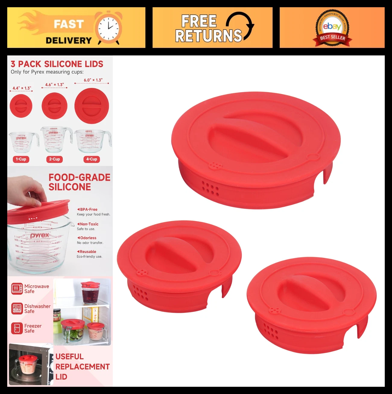 3 Pack Silicone Replacement Lids for 1-Cup, 2-Cup & 4-Cup Glass Measuring Cups -