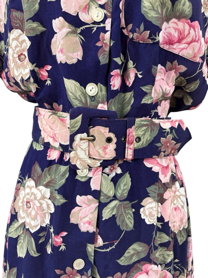 Vtg 80s 90s Blue Shirt Dress Lace Collar Roses Sz 10 Cottagecore Grandma  - Image 2 of 4