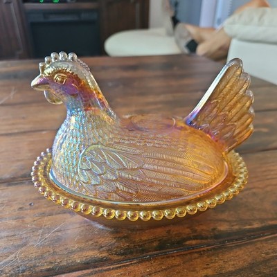 Indiana Glass Hen on Nest Iridescent Gold