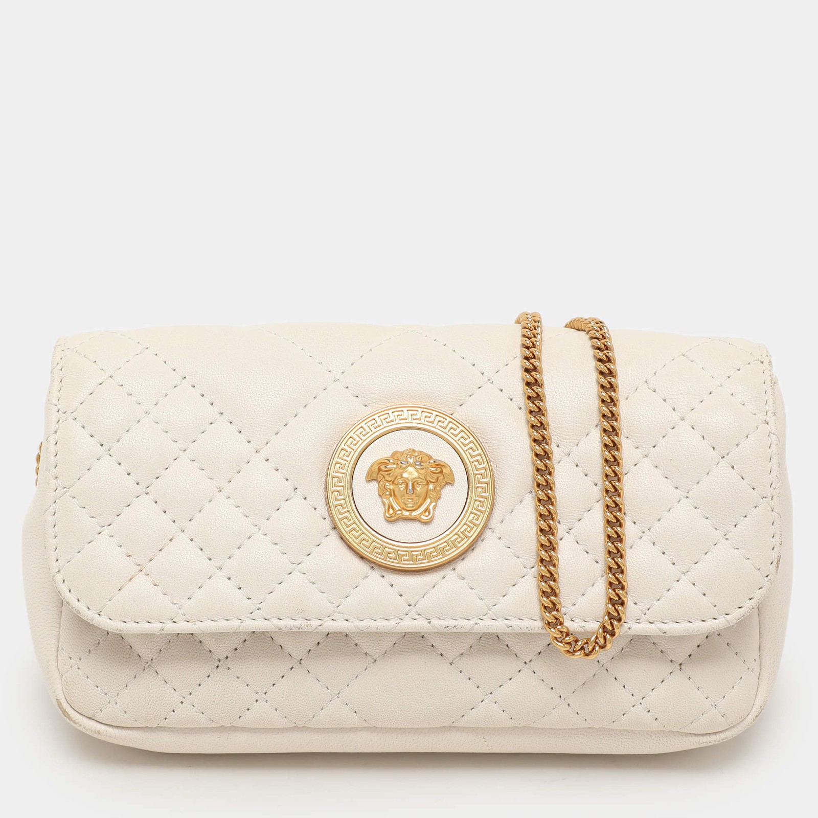 Versace White Quilted Leather La Medusa Chain Crossbody Bag