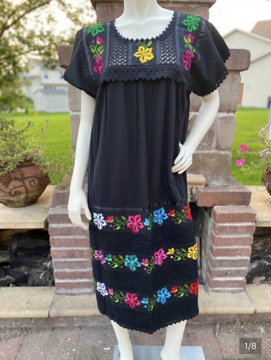 Traditional Mexican embroidered dress. Women's Black sz 2XL | eBay