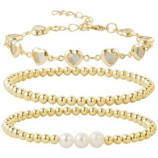 Dainty Gold Plated Pearl  Crystal Beaded Bracelets Set - Adjustable Elegance