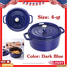 Staub Cast Iron 4 Qt Round Dutch Oven Dark Blue Enameled Cocotte Pot France Made