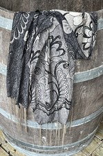 Vintage Boho Scarf Viscose Metallic Burnt Out Floral Black Gray Taupe Fringe