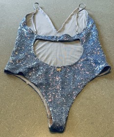 For Love & Lemons SKIVVIES Sequin Bodysuit M Blue Iridescent Open Back Plunge