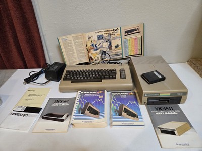 Vintage Commodore 64 Personal Computer Untested W/Manuals Power Supply + Floppy 