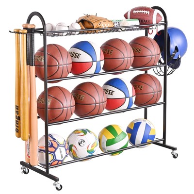 Basketball Rack, Rolling Ball Storage with Baseball Bat Holder and Hooks, Spo...