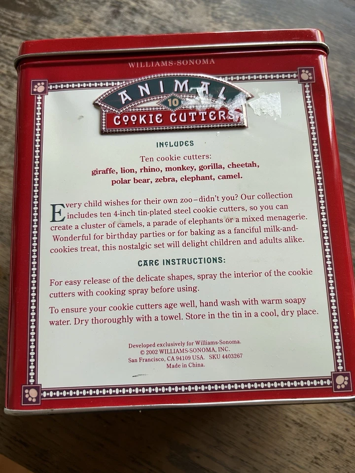 Williams & Sonoma 10 Zoo Animal Cookie Cutters Tin Container Handle - Image 2 of 4