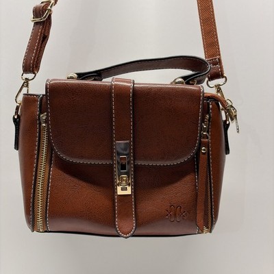 Stauer Parisian Chic Cognac Brown Vegan Leather Satchel Crossbody Handbag Gold
