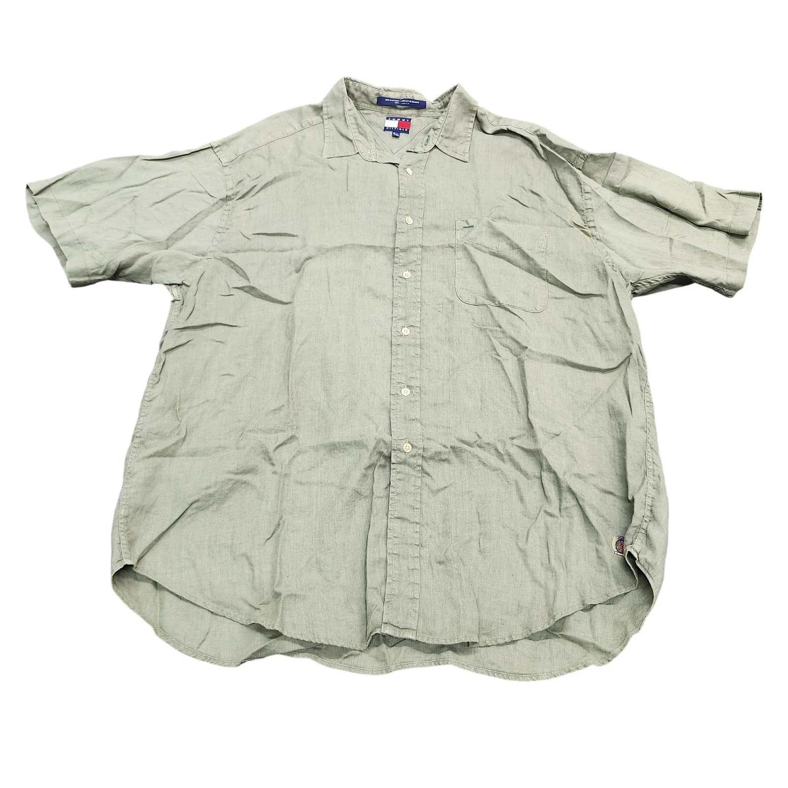 Tommy Hilfiger Shirt Mens XL Green Solid Short Sleeve Button Linen Casual