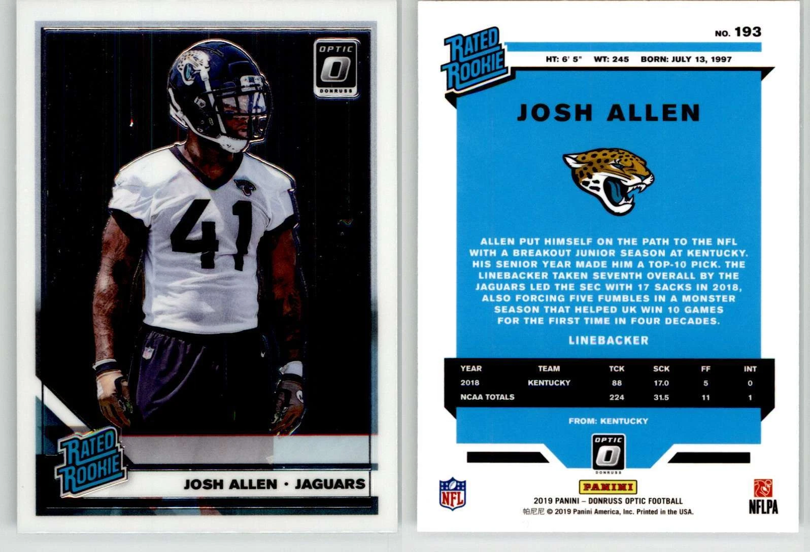 Josh Hines-Allen 2019 Donruss Optic #193 Kentucky Jaguars RC Rookie
