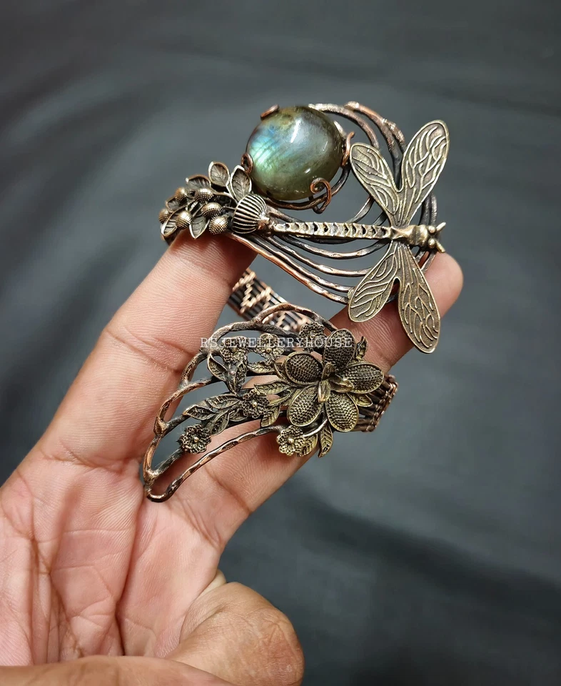 Brazalete ajustable envuelto en alambre gema de labradorita de fuego hecho a mano joyería de cobre Foto 4 de 4