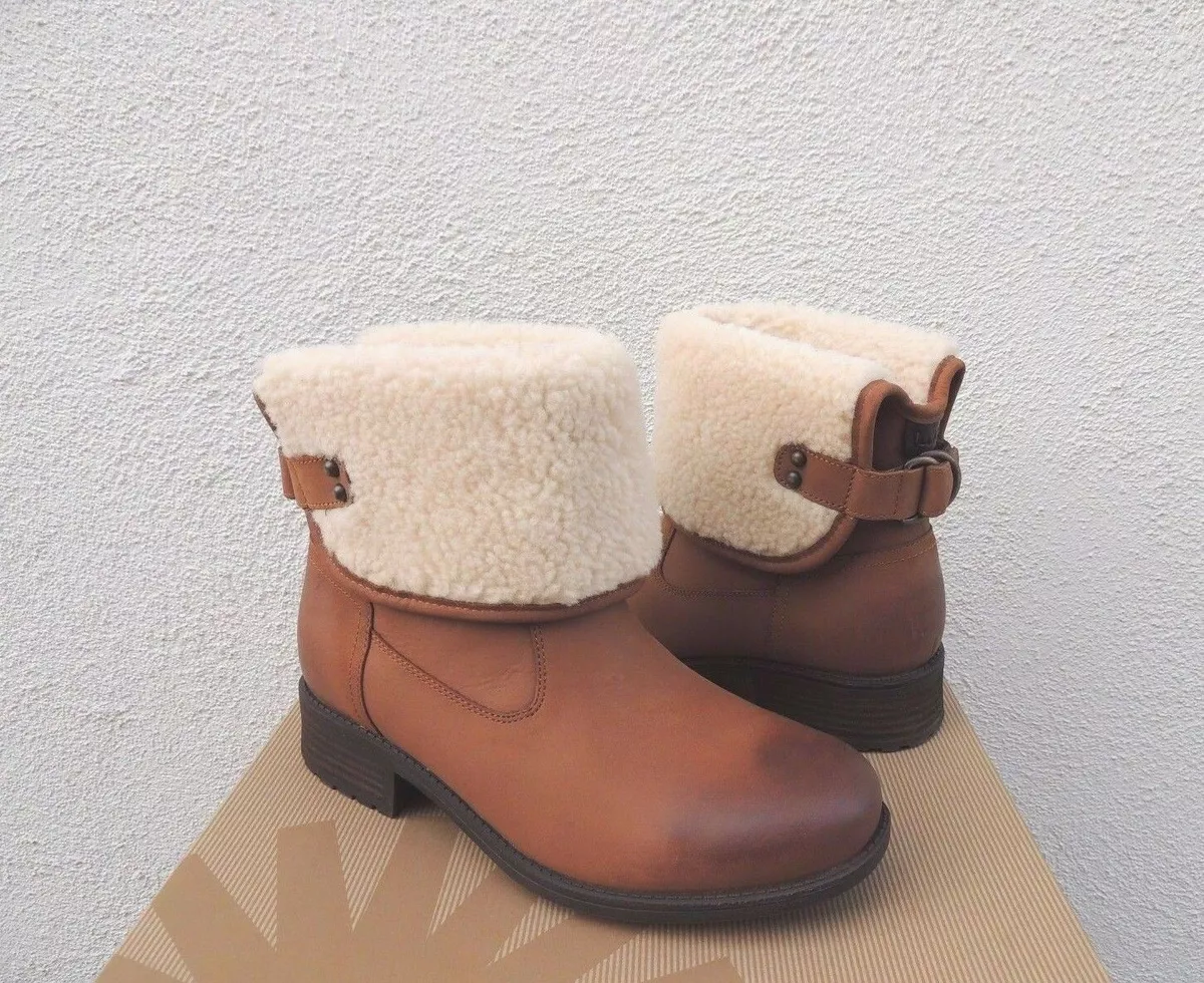 UGG ALDON WATER RESISTANT CHESTNUT LEATHER WOOL CUFF BOOTS US 11