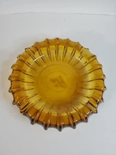 Vintage 60s MCM Amber Ashtray Starburst Ribbed Pressed Glass 7”