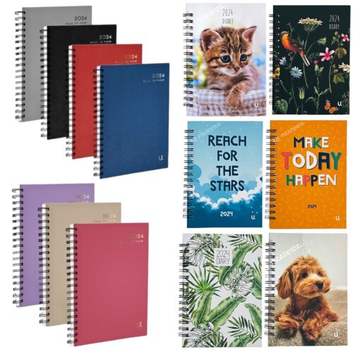 Diary 2024 A5 A6 Classic Patterned Week to View Spiral Bound Year Planner Desk - Afbeelding 1 van 38