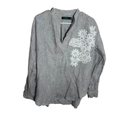 Lauren Ralph Lauren Shirt Women's Medium 100% Linen V-Neck Embroidered Floral