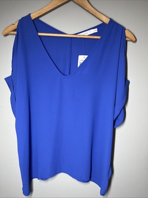 Lush Blouse V Neck Blouse Royal Blue NEW Size Small Short Sleeve Open Shoulder
