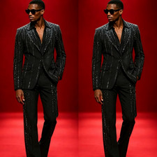 Prom Party 2Pcs Men's Suits Luxury Beaded Rhinestone Jacket Peak Lapel Coat