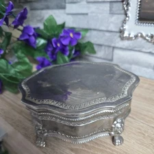 Silver Plated Jewelry Trinket Box Violet Velvet Lining Lions Head Feet