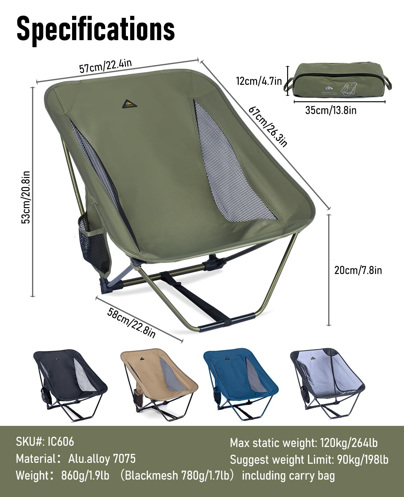 iClimb Ultralight Folding Camping Chair with Side Pocket & Carry Bag Green