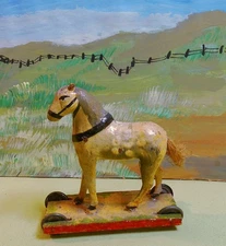 Antique Germany 4" Putz Horse on Wheels- Mache, Wood Legs, German, Platform