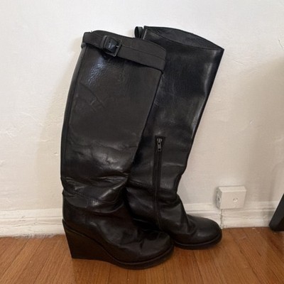 Ann Demeulemeester Black Leather Knee-High Wedge Boots Round Toe Zip Buckle