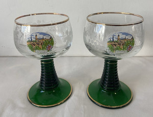2 Goblet Wine Glasses Luxembourg German Etched Green Beehive Stem Gold Rim 5.5"
