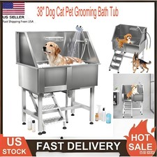 38" Pet Dog Grooming Bath Tub Stainless Steel w/ Stairs  Hot Cold Water Faucet