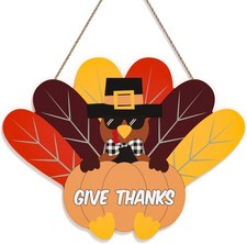 Thanksgiving Door Sign Wooden Turkey Wreath Give Thanks Hanging Decor Farmhouse