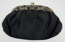 Vintage Black Satin Clutch Silver Floral Frame Rhinestone Kiss Lock 1950s