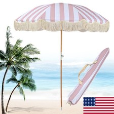 5.9ft Beach Umbrella with Carry Bag Patio Outdoor Fringe Umbrella Crank Tilt USA
