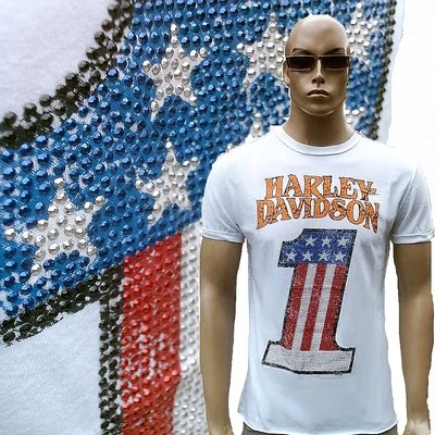 T-Shirt Harley-Davidson Classique Biker Strass USA Blanc XXL Neuf - Photo 1/4