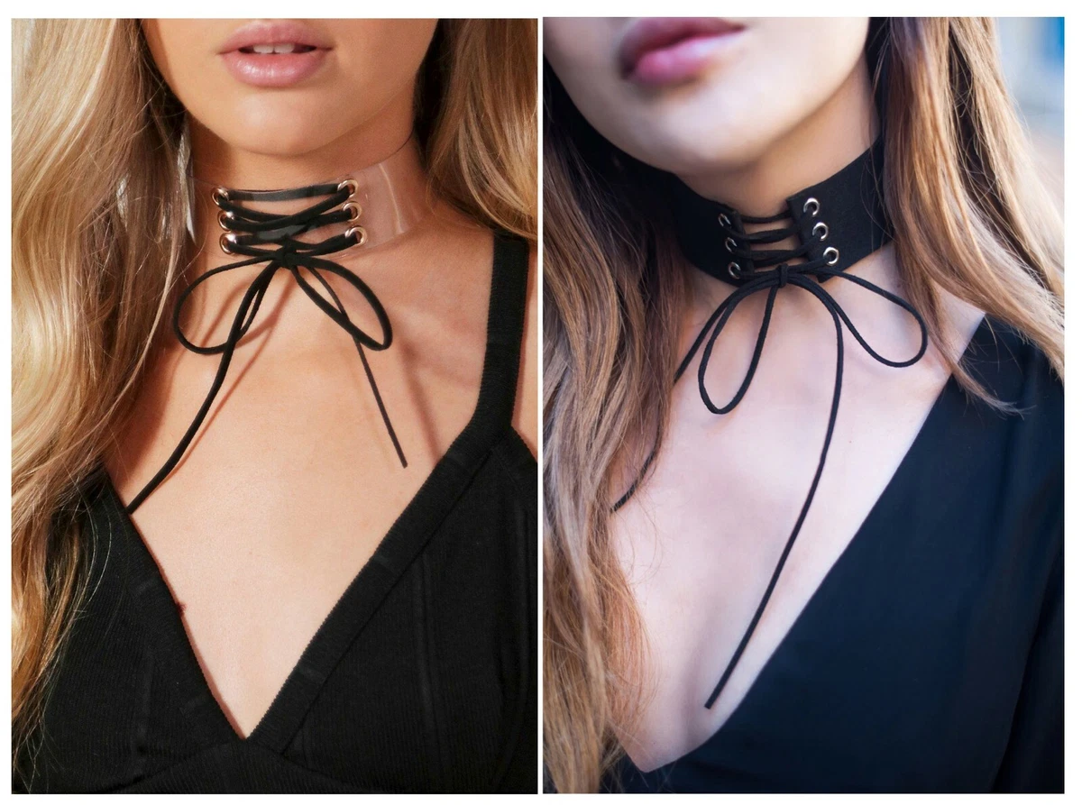 2 Chokers: Black Suede & Clear String Lace Up Corset Necklace Fashion  Accessory