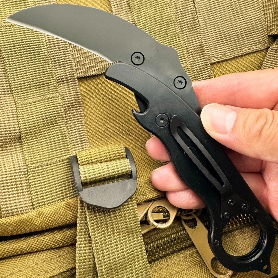7" Military Tactical Black Quick Folding Karambit Curve Blade Pocket Knife - Image 4 of 4